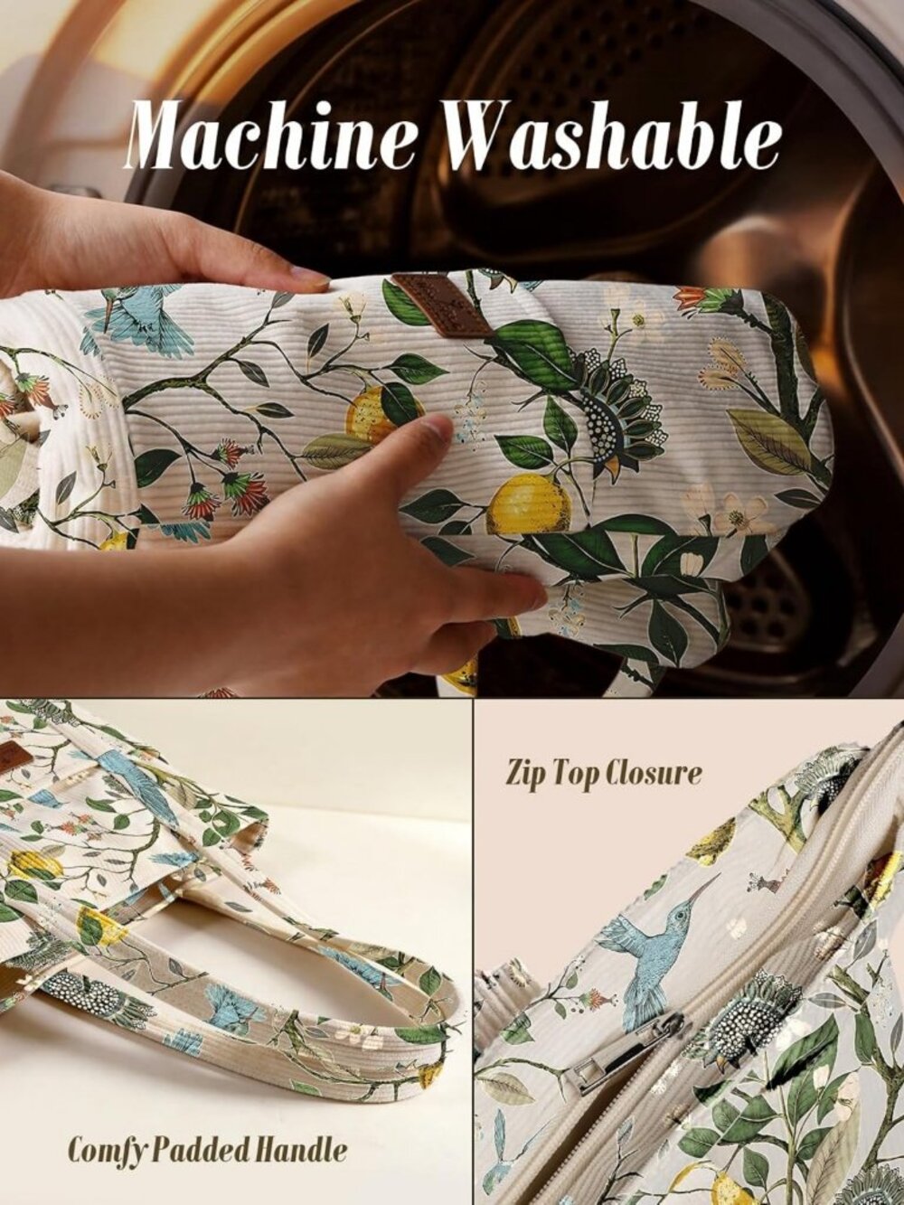Spacious Corduroy Tote Bag for Women | Stylish, Zipper Closure, Multi Pockets - Picture 5 of 6